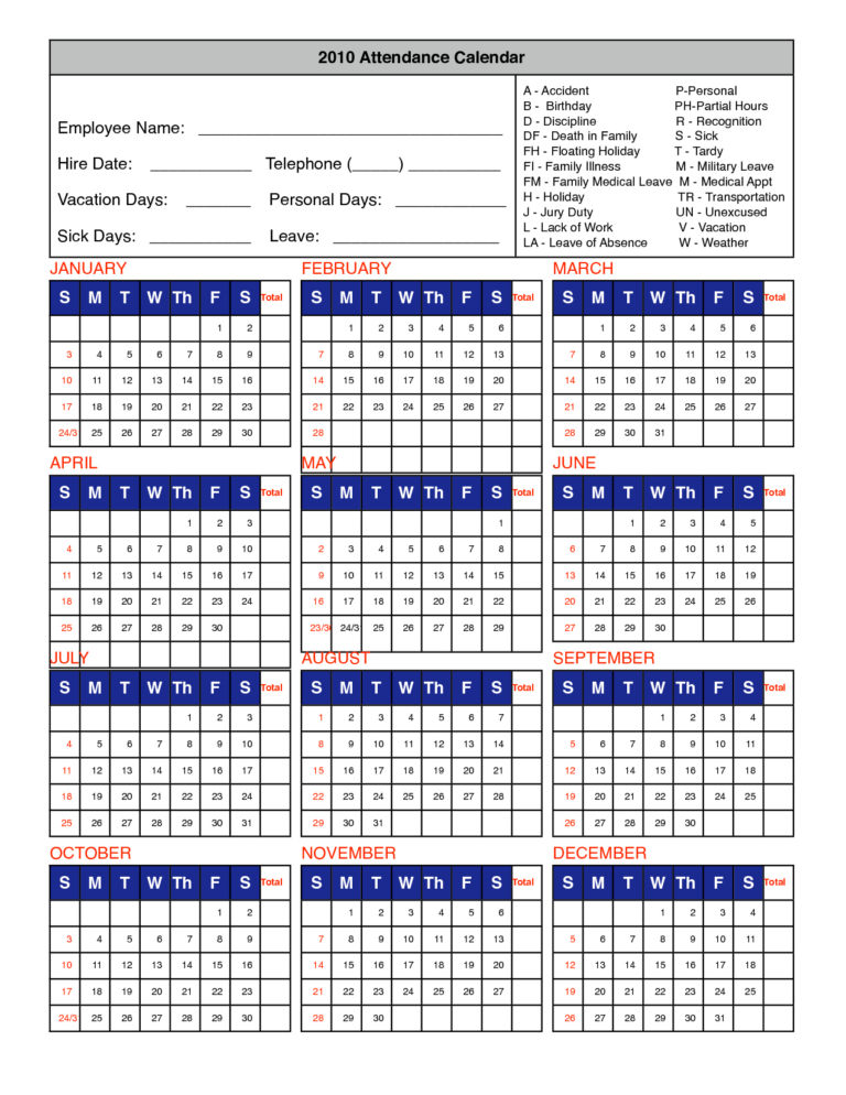 2020 Printable Employee Attendance Calendar Template Example Calendar 