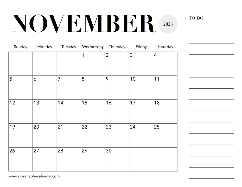 2023 Calendar November A Printable Calendar