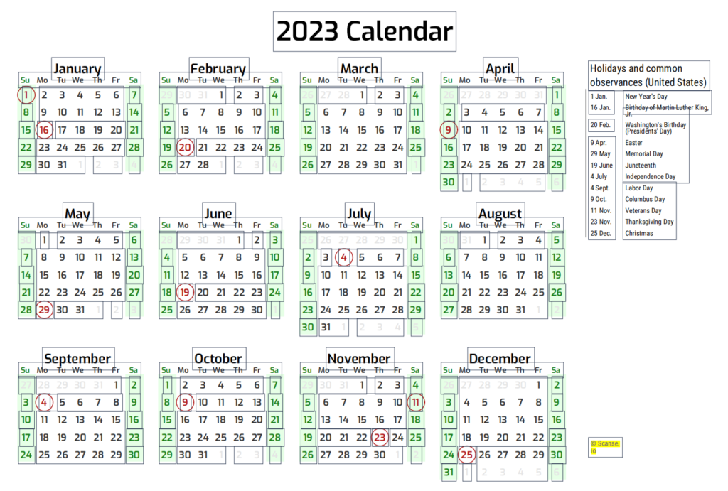 2023 Printable Calendar One Page With Holidays PDF Excel Template Scanse