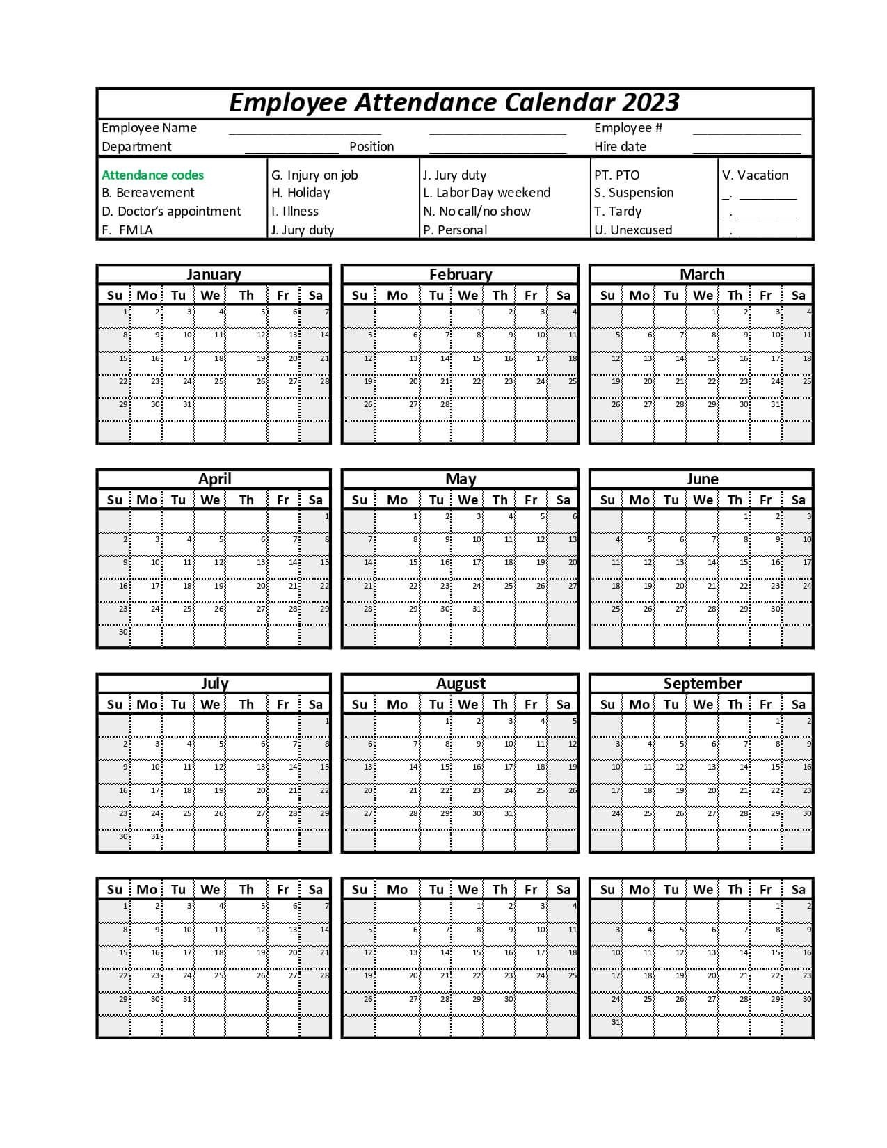 2024 Employee Attendance Calendar Printable Free Word Dotty Kathryn