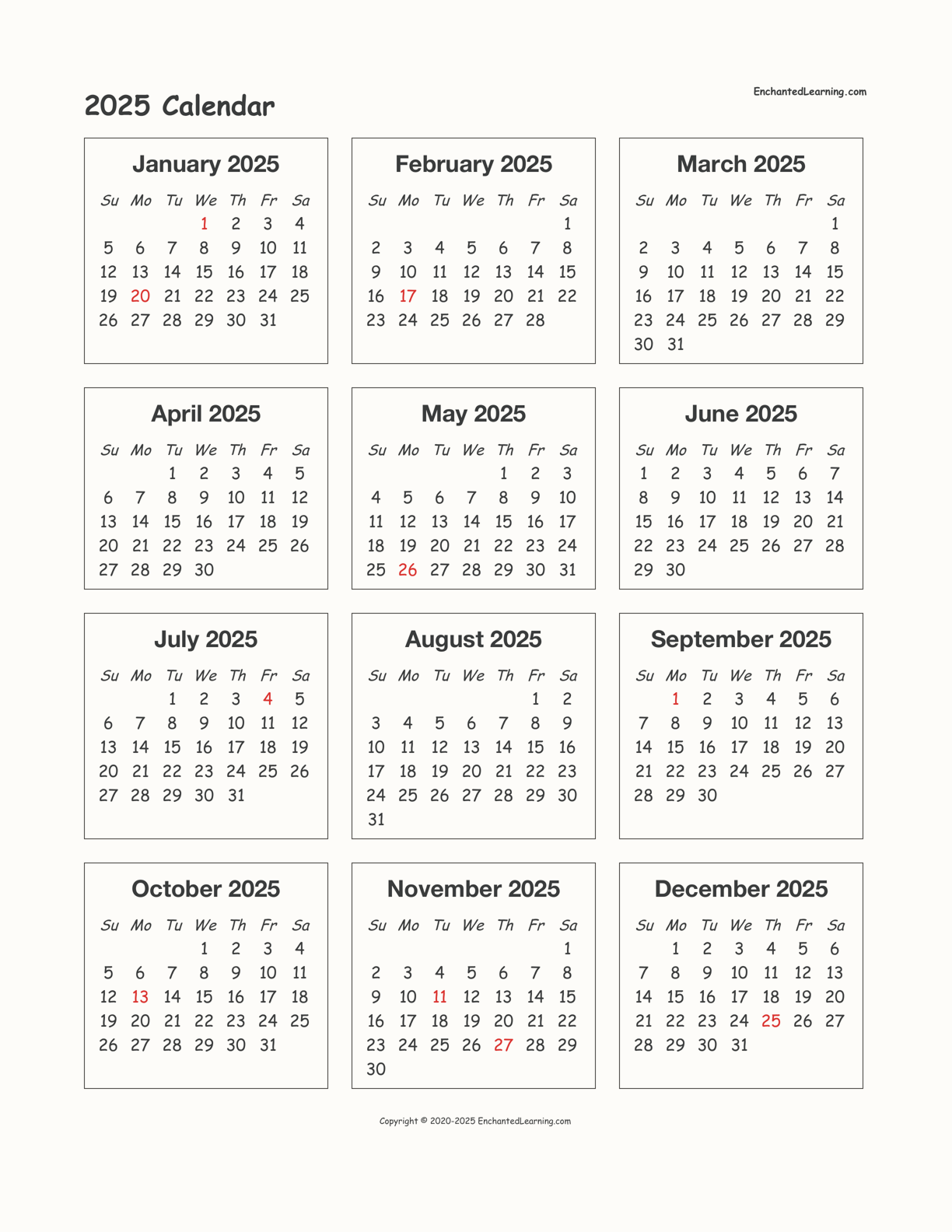 2025 Calendar On One Page Printable Eric Jonathan
