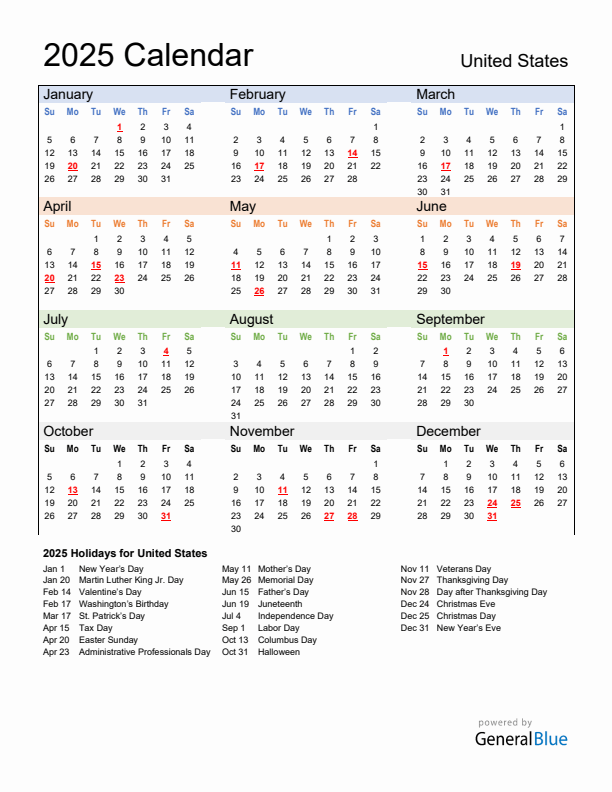 2025 Printable Calendar With United States Holidays