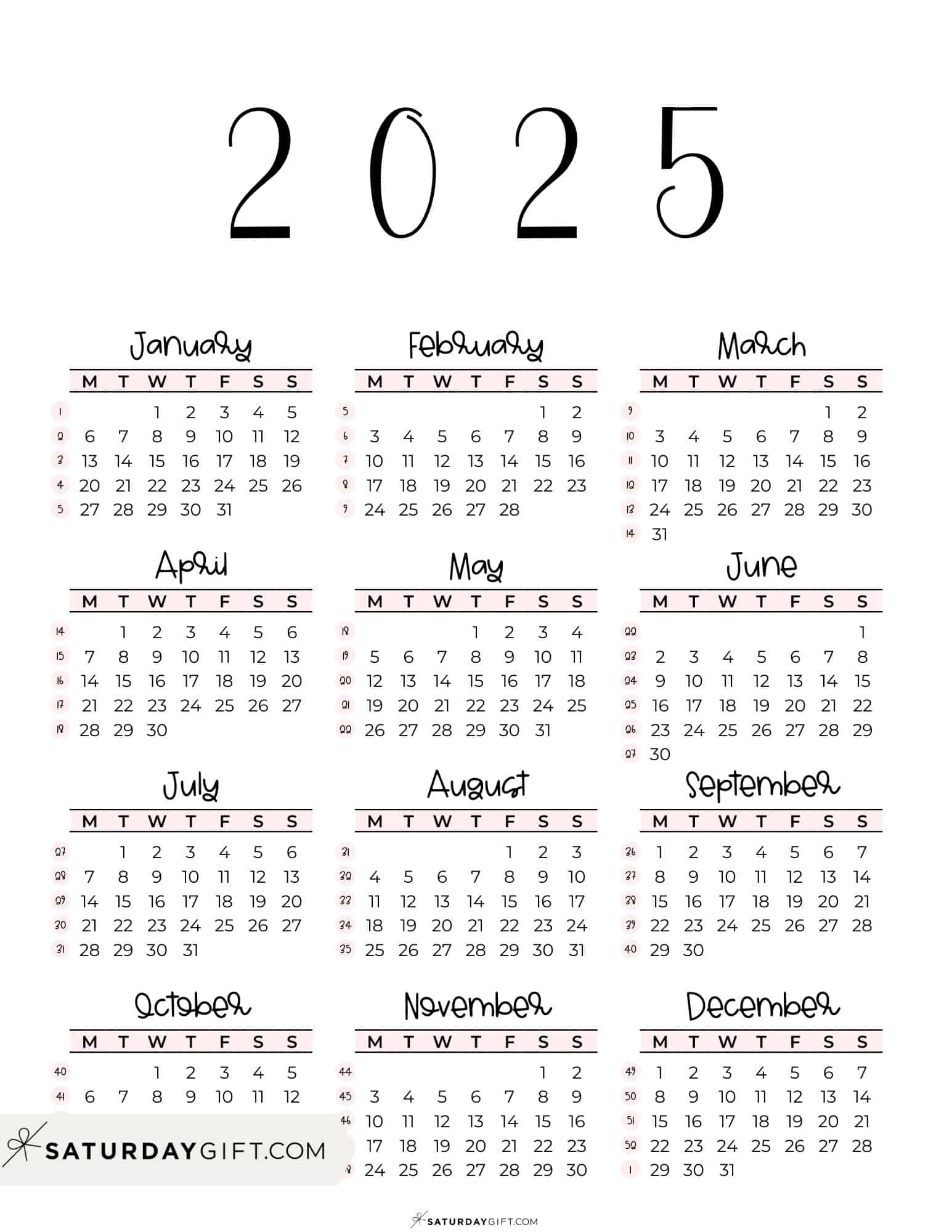 2025 Yearly Calendar Printable One Page Pdf Printable Bookmarks 