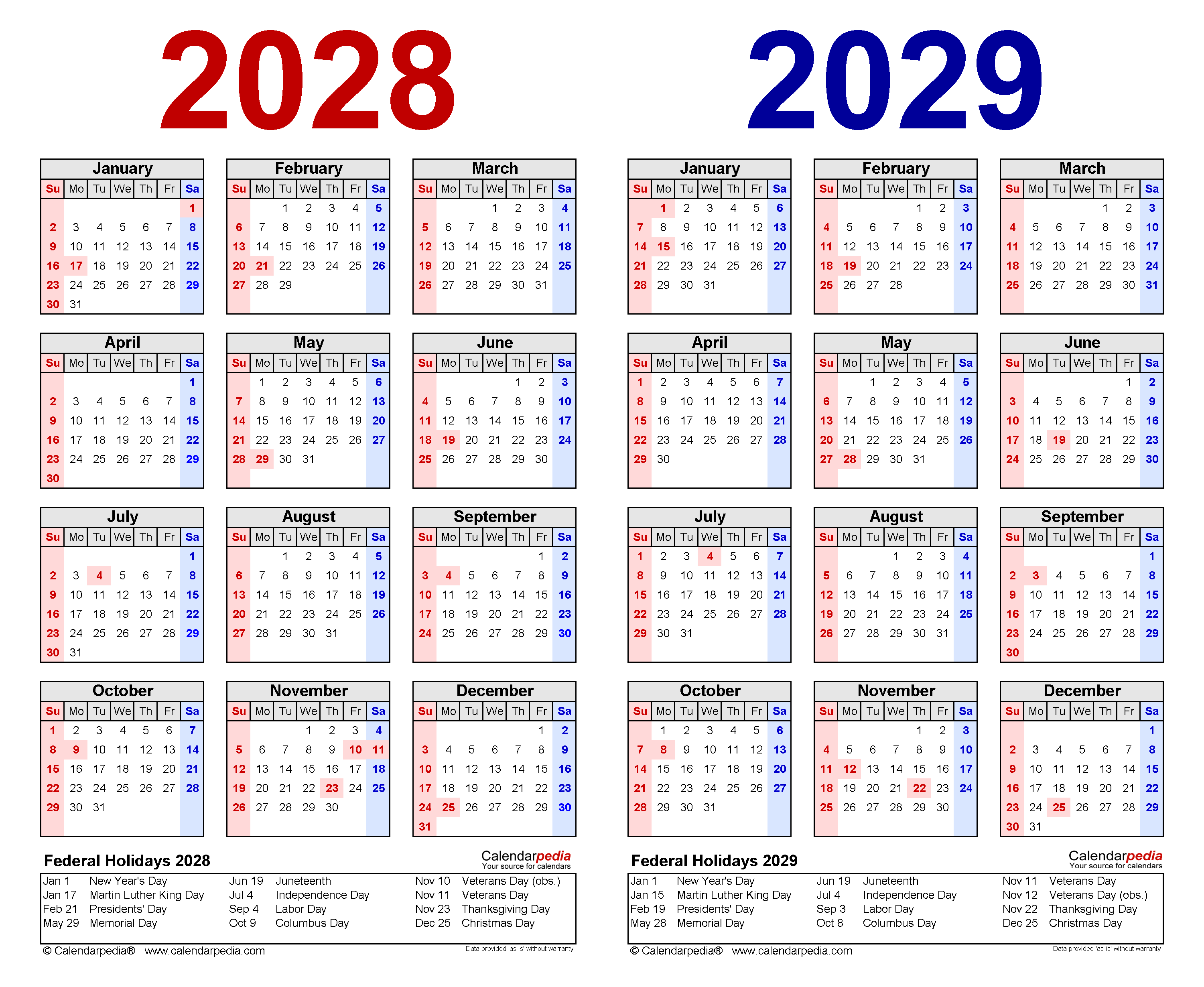 2028 2029 Two Year Calendar Free Printable Excel Templates