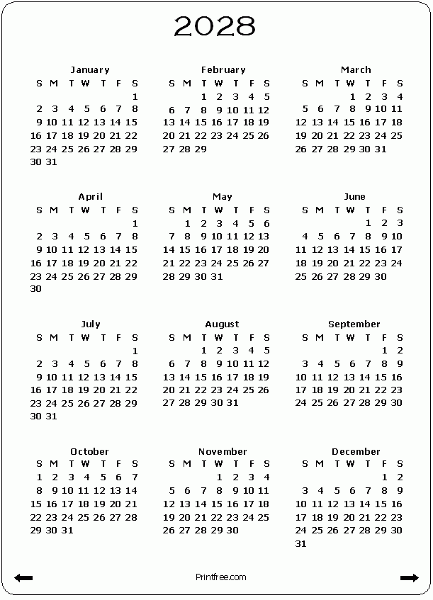 Free Printable Yearly Calendar 2028 One Page - calendar ...