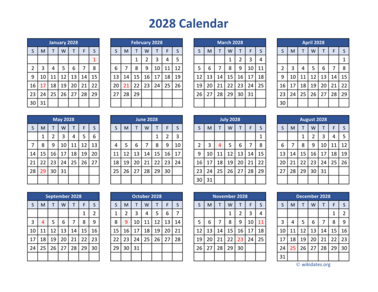 2028 Calendar Printable