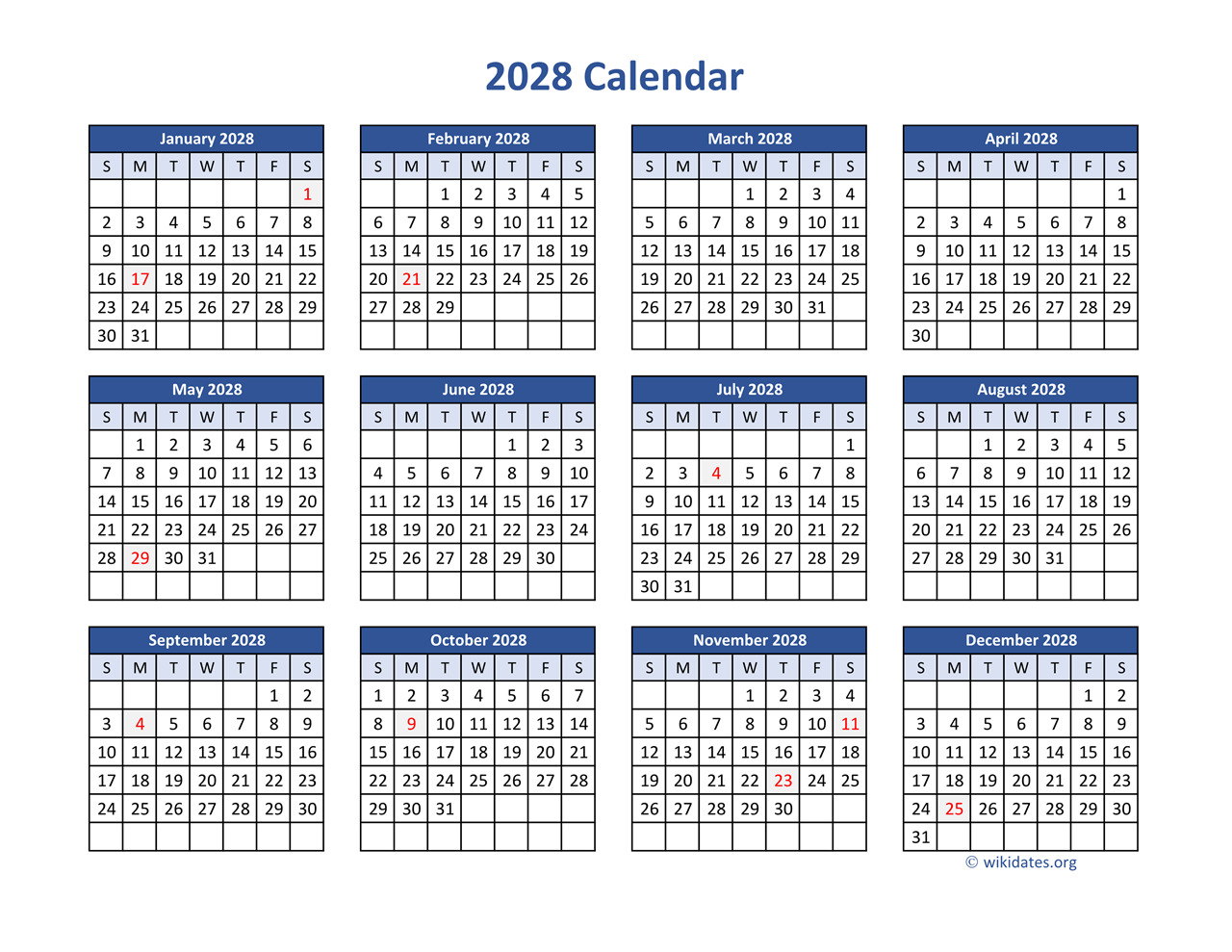 2028 Calendar Printable