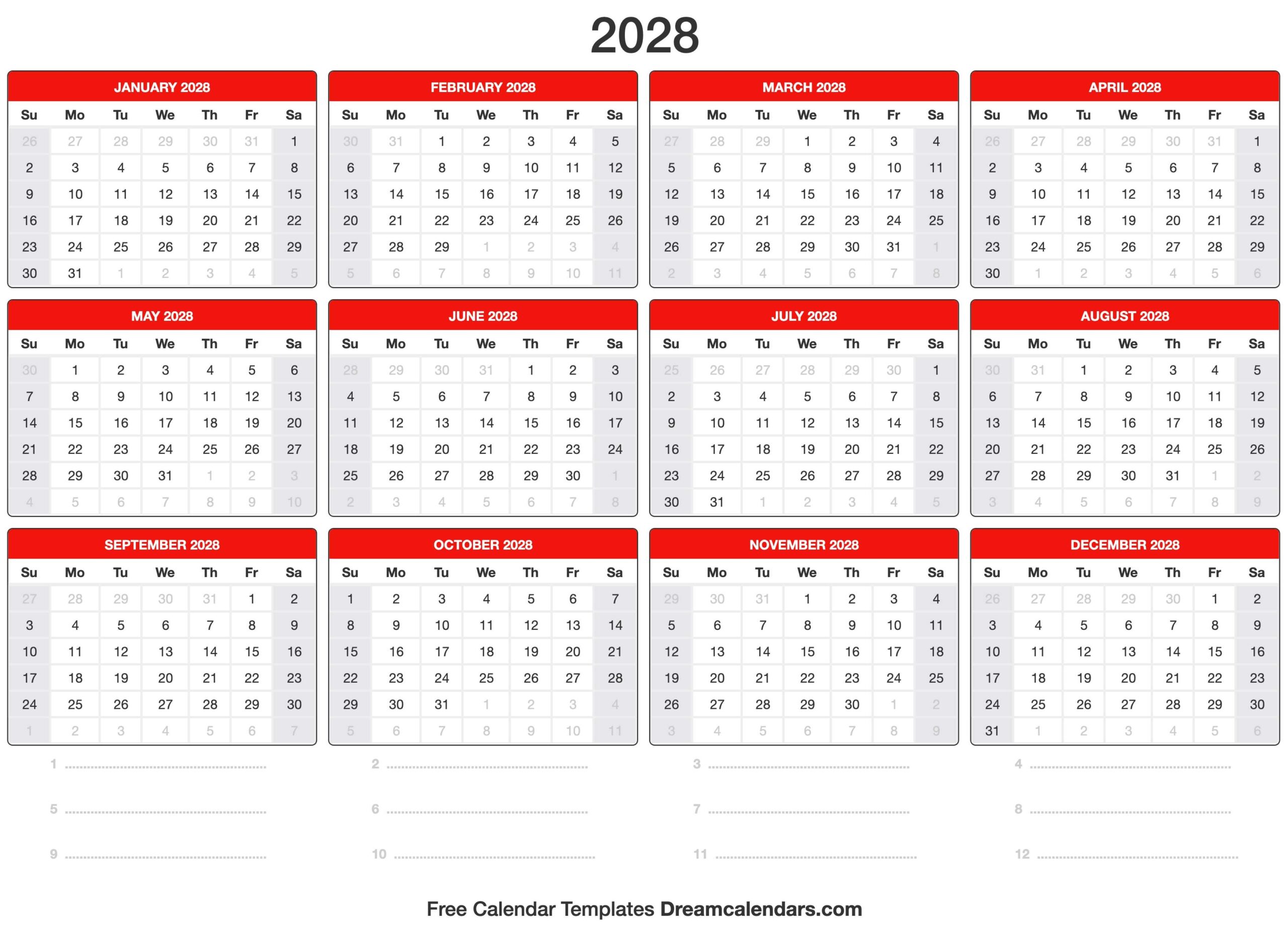 2028 Calendar Printable