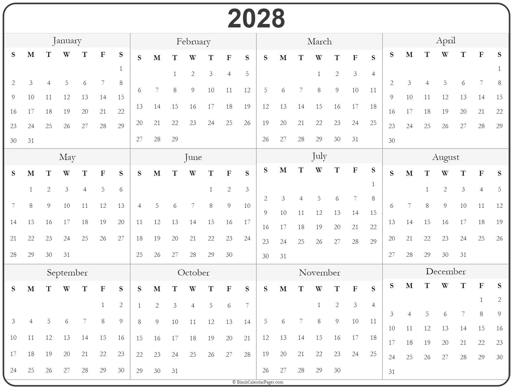 Free 2028 Yearly Calendar Printable One Page - calendar ...