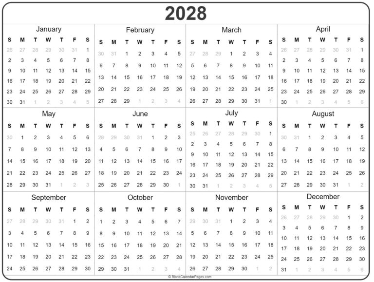 2028 Year Calendar Yearly Printable