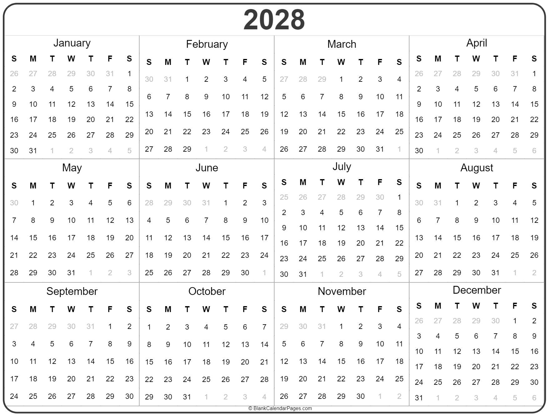 2028 Year Calendar Yearly Printable