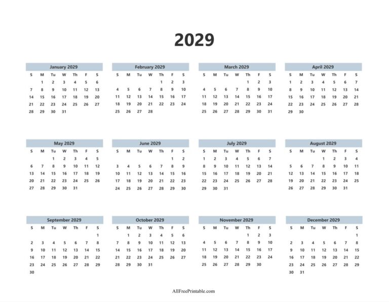 2029 Calendar Free Printable