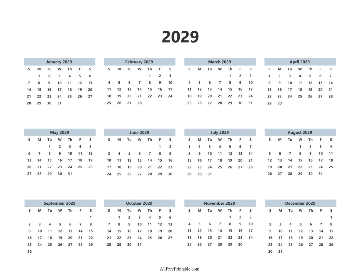 2029 Calendar Free Printable