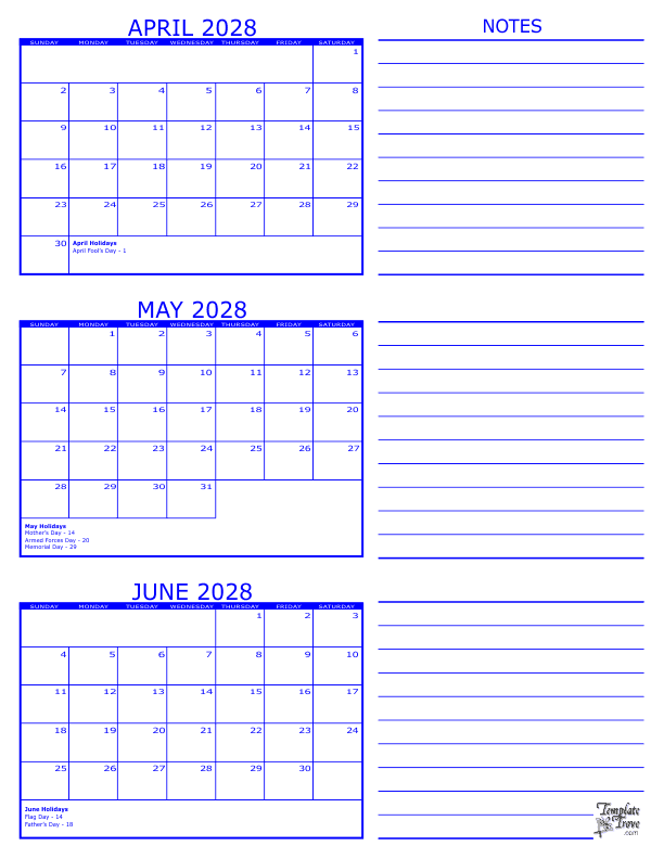 3 Month Calendar 2028