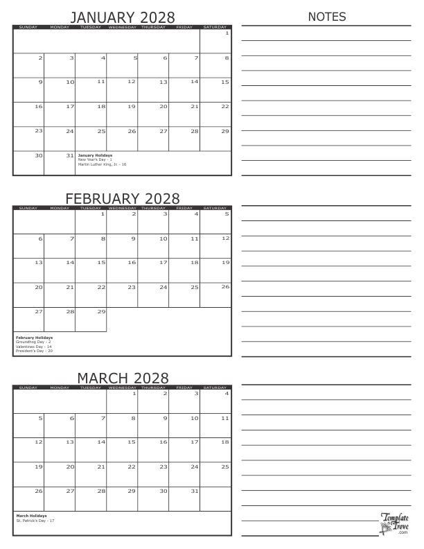 3 Month Calendar 2028