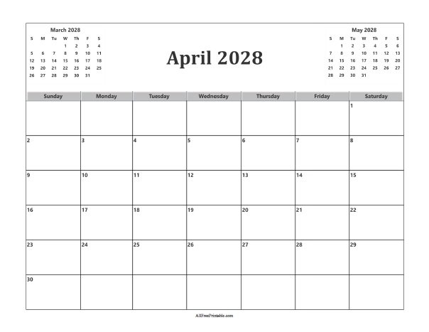 April 2028 Calendar Free Printable