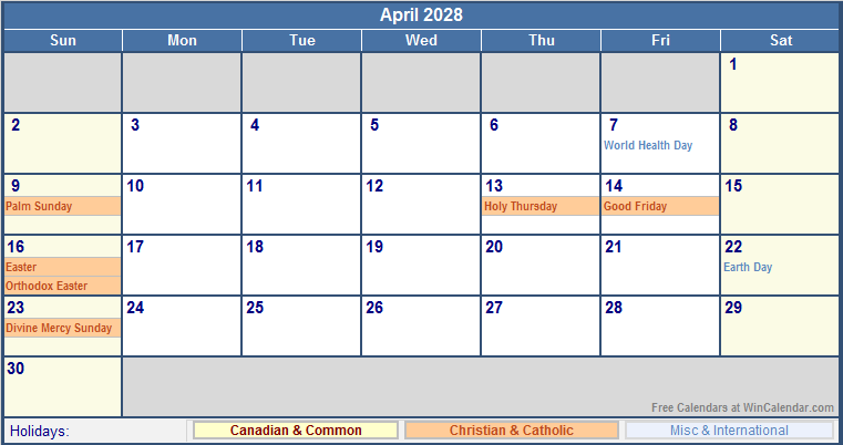 April 2028 Canada Calendar With Holidays For Printing image Format 