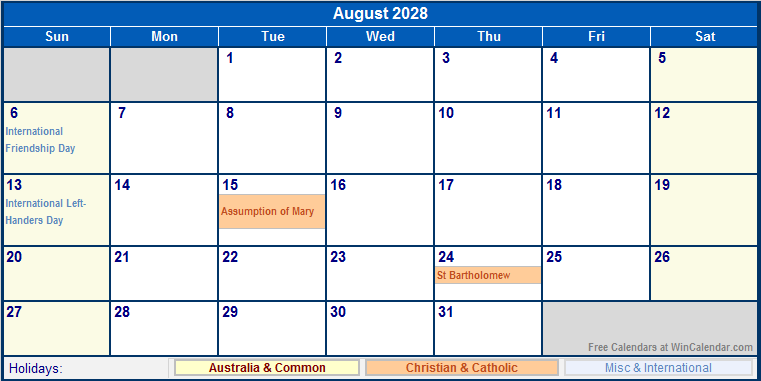 August 2028 Australia Calendar With Holidays For Printing image Format 