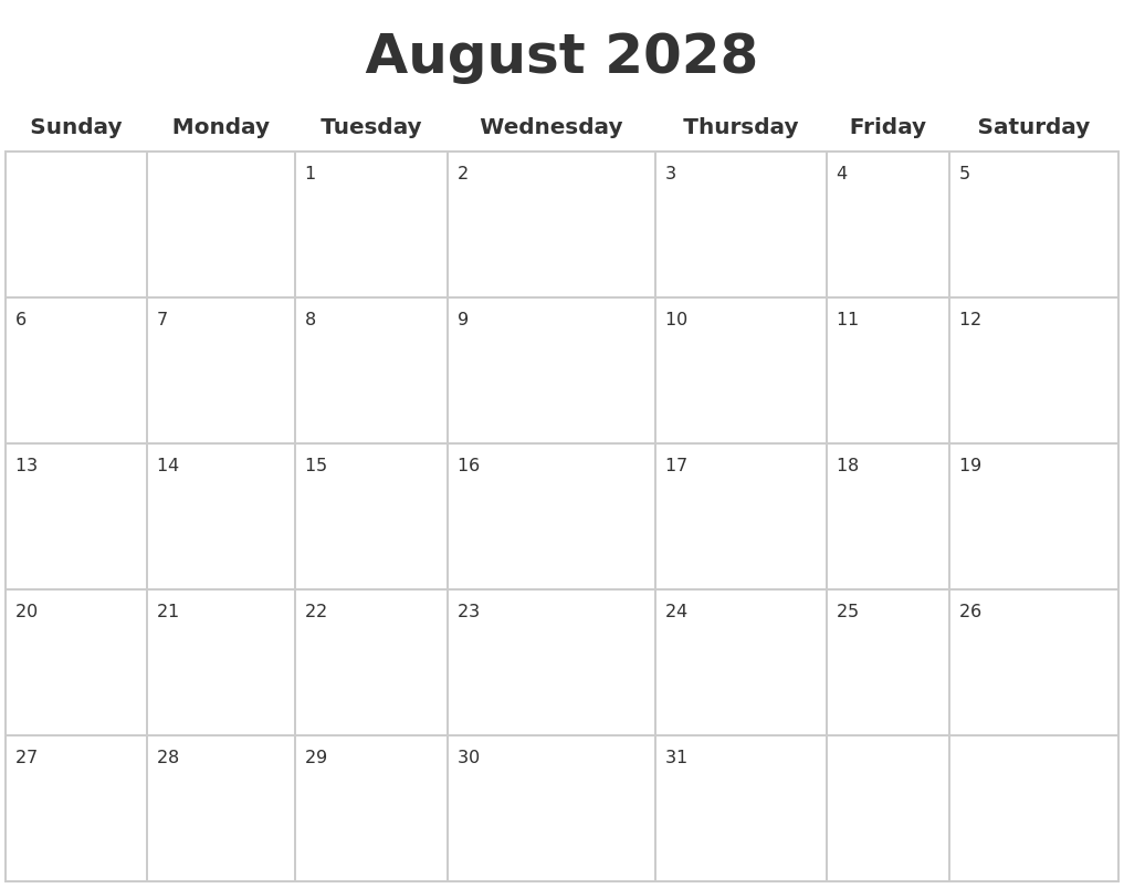 August 2028 Blank Calendar Pages