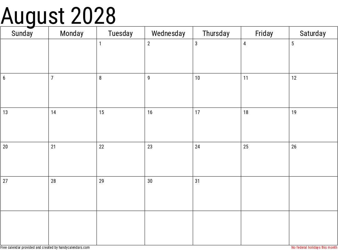 August 2028 Calendar With Holidays Handy Calendars