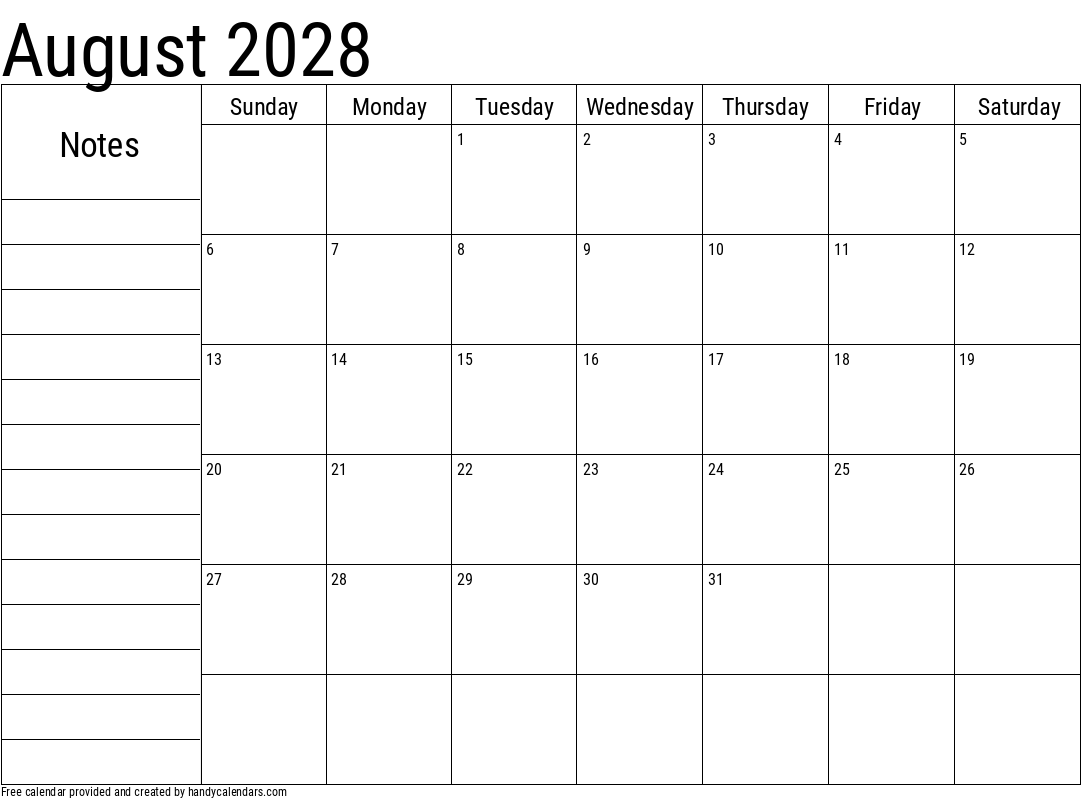 August 2028 Calendar With Notes Handy Calendars