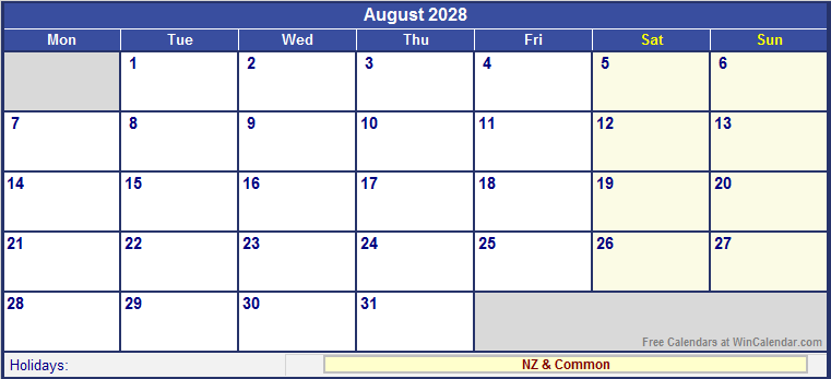 August 2028 New Zealand Calendar With Holidays For Printing image Format