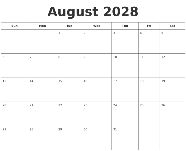 August 2028 Printable Calendar