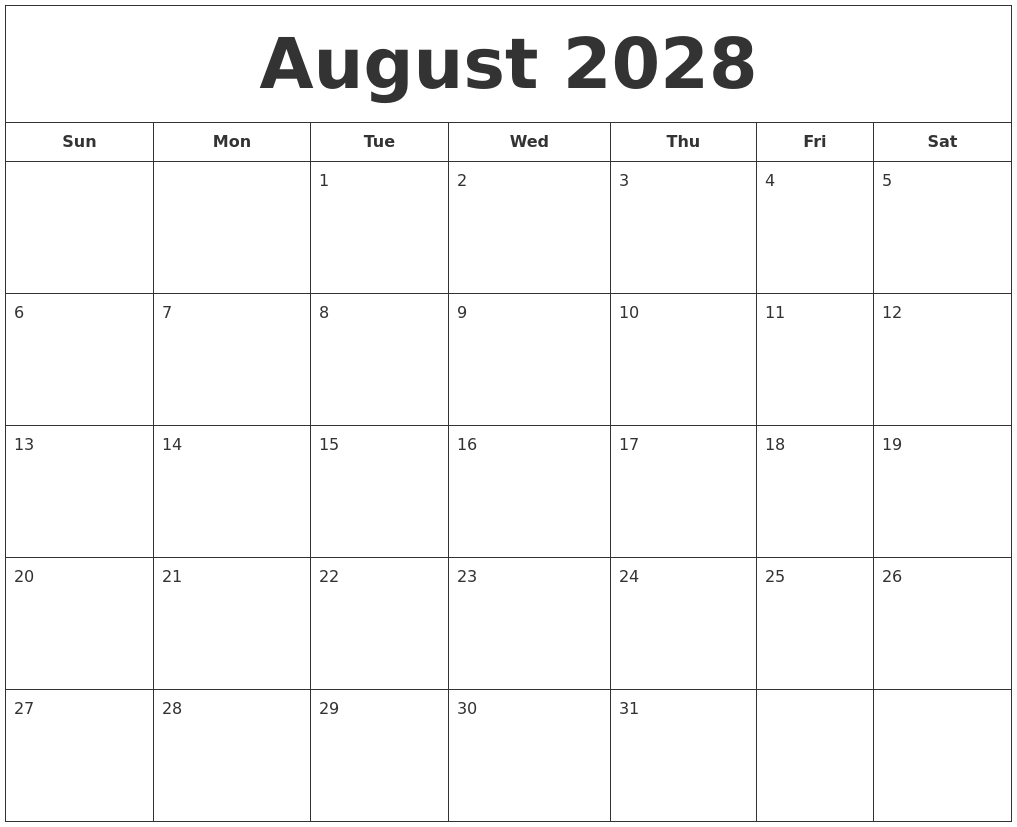August 2028 Printable Calendar