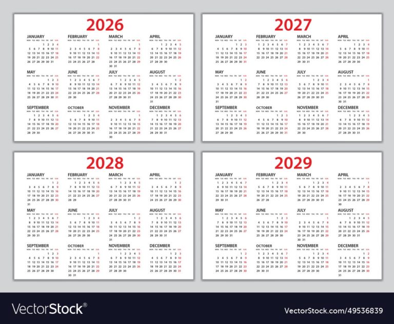 Calendar 2026 2027 2028 2029 Template Planner Vector Image