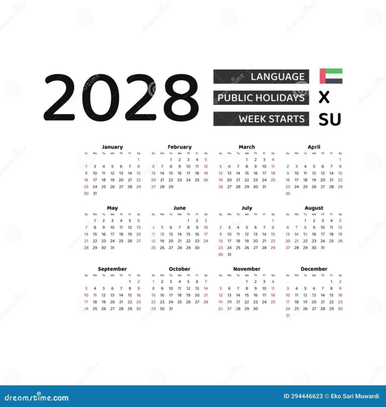 Calendar 2028 English Language With United Arab Emirates Public 