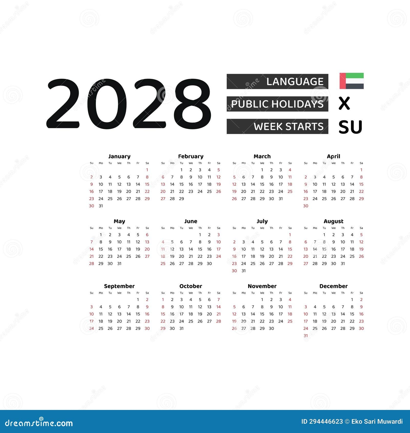 Calendar 2028 English Language With United Arab Emirates Public