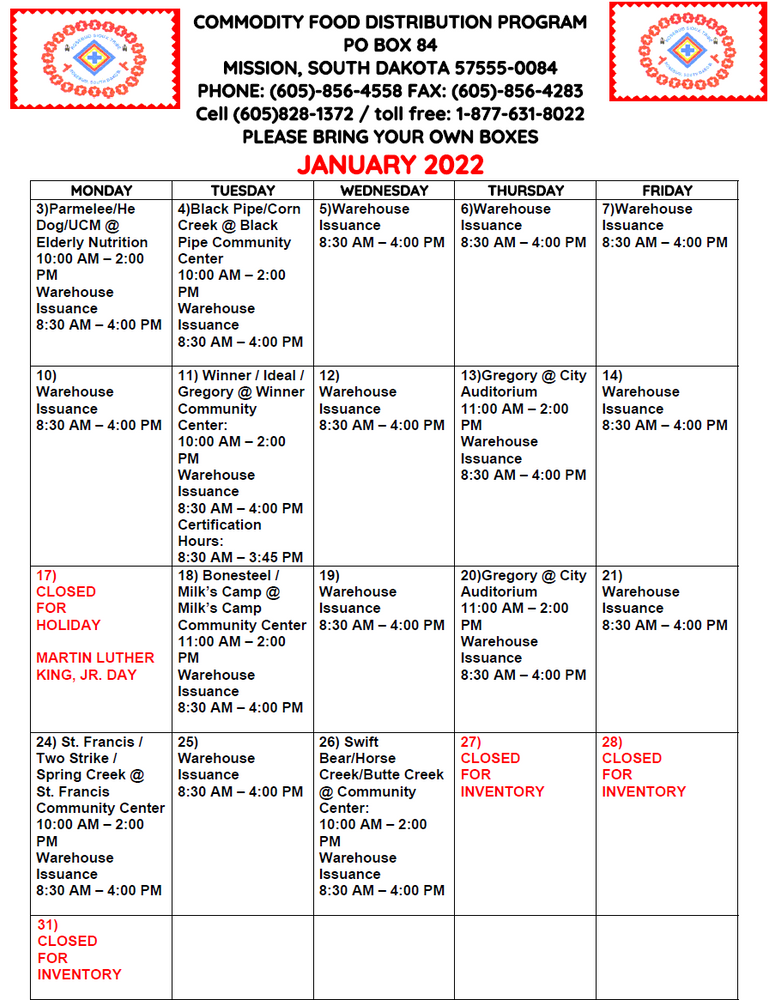 COMMODITY FOOD DISTRIBUTION PROGRAM CALENDAR