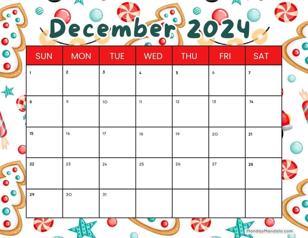 December 2024 Calendar Christmas Printable Free Printable Calendar 2024