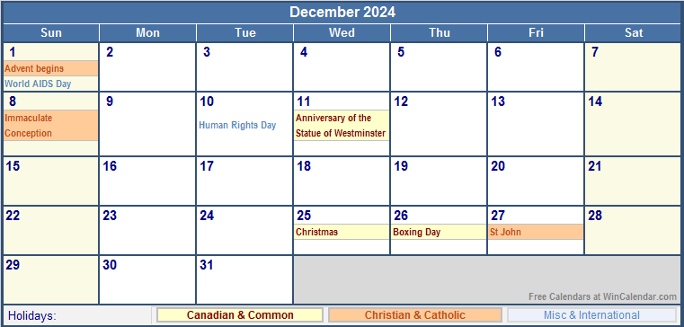 December 2024 Canada Calendar With Holidays For Printing image Format 