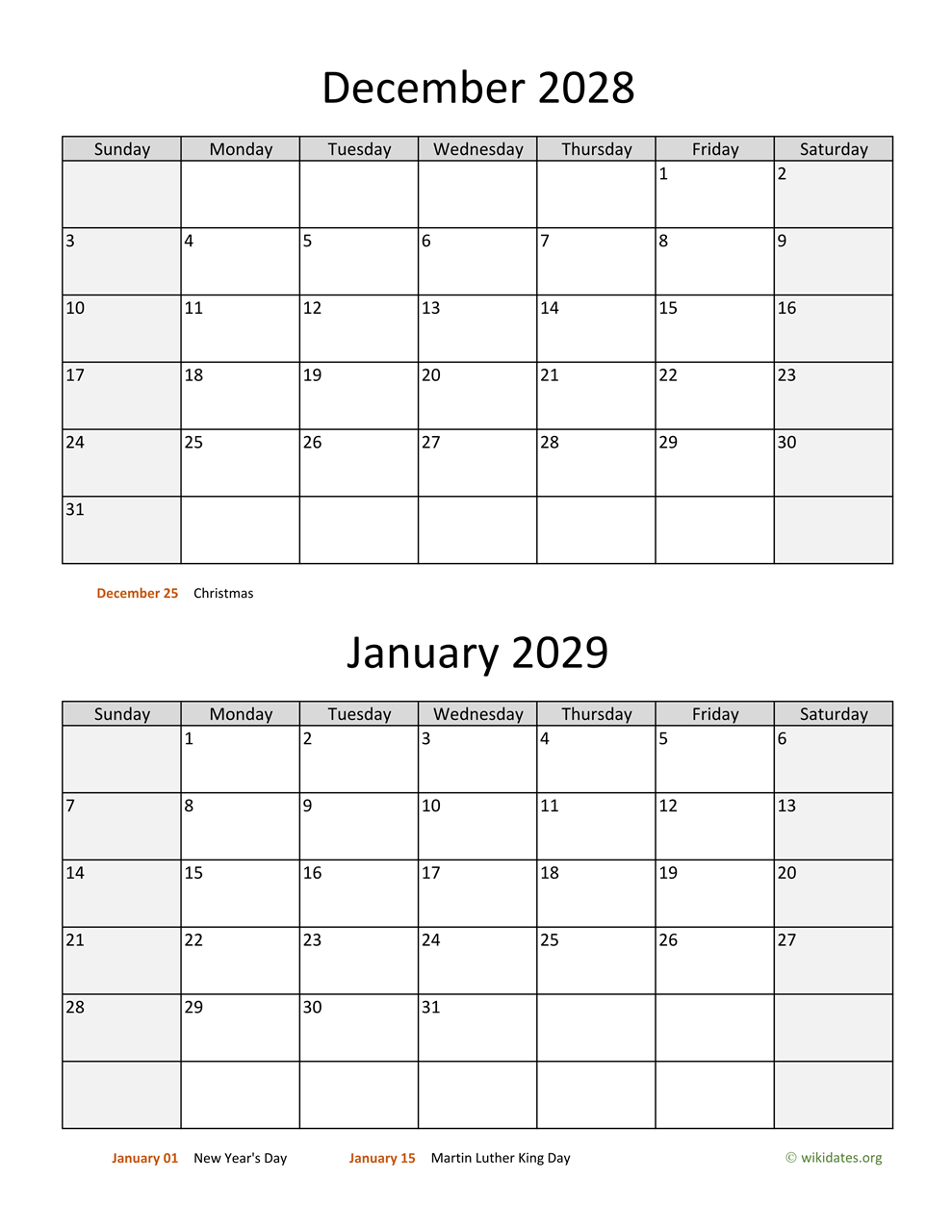 December 2028 And January 2029 Calendar WikiDates