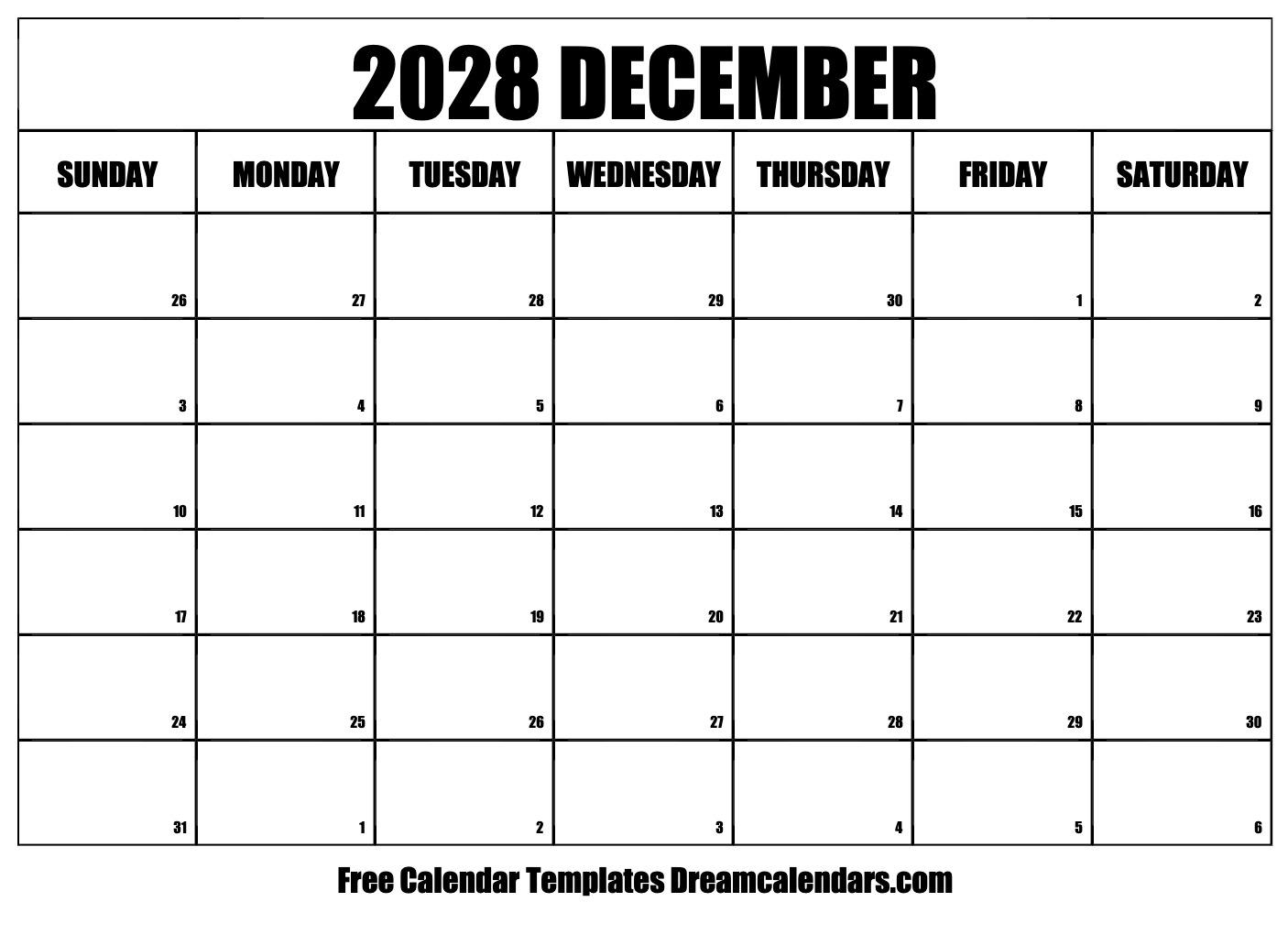 December 2028 Calendar Free Printable With Holidays And Observances
