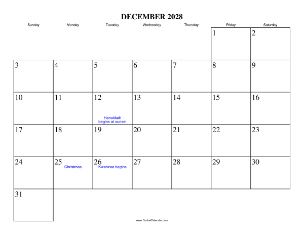 December 2028 Calendar