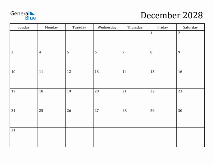 December 2028 Monthly Calendar