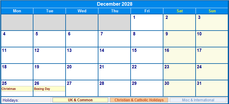December 2028 UK Calendar With Holidays For Printing image Format 