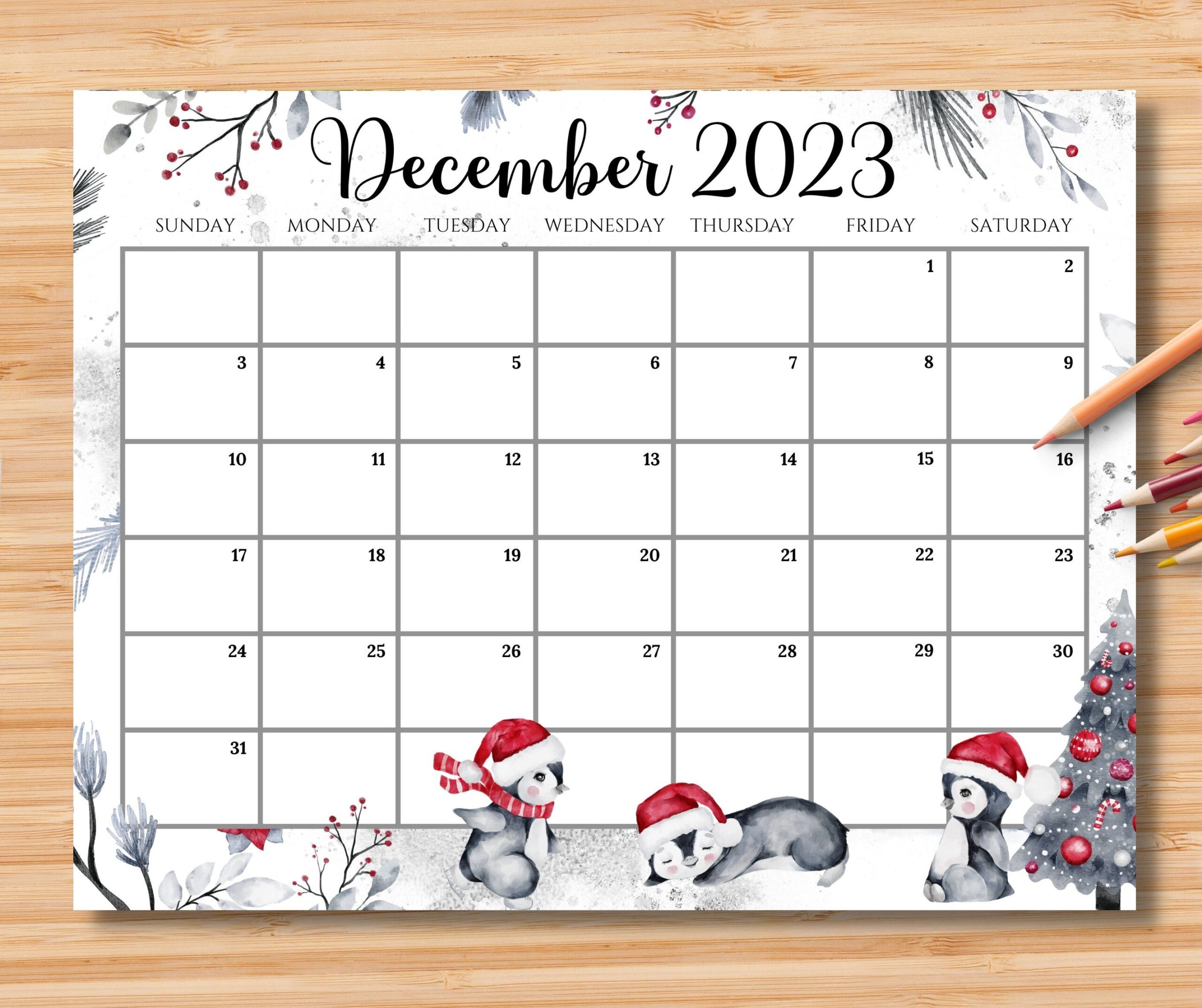 EDITABLE December 2024 Calendar Joyful Winter W cute Penguins