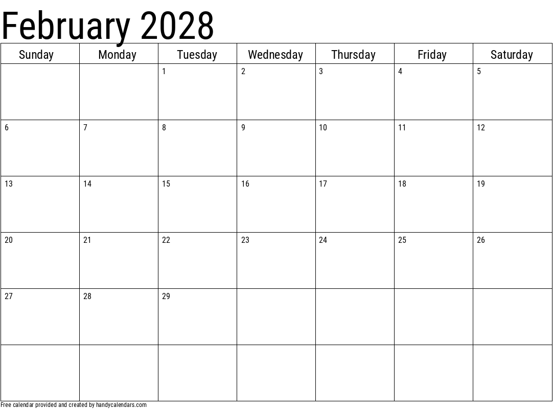 February 2028 Vertical Calendar Handy Calendars