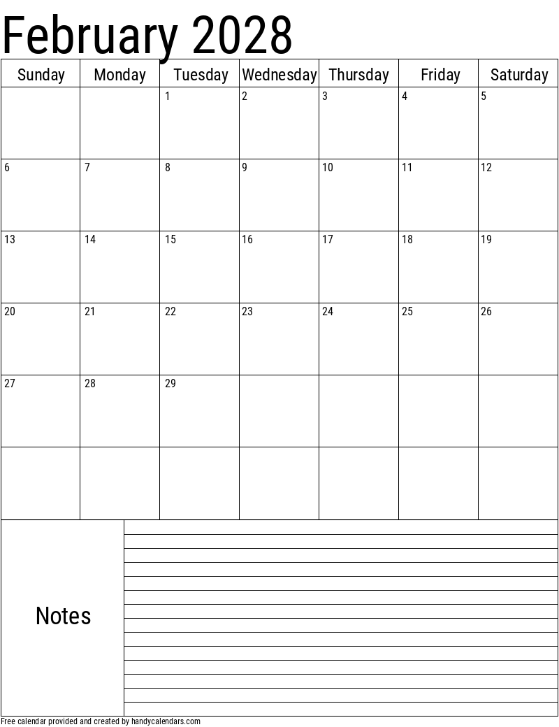 February 2028 Vertical Calendar With Holidays Handy Calendars