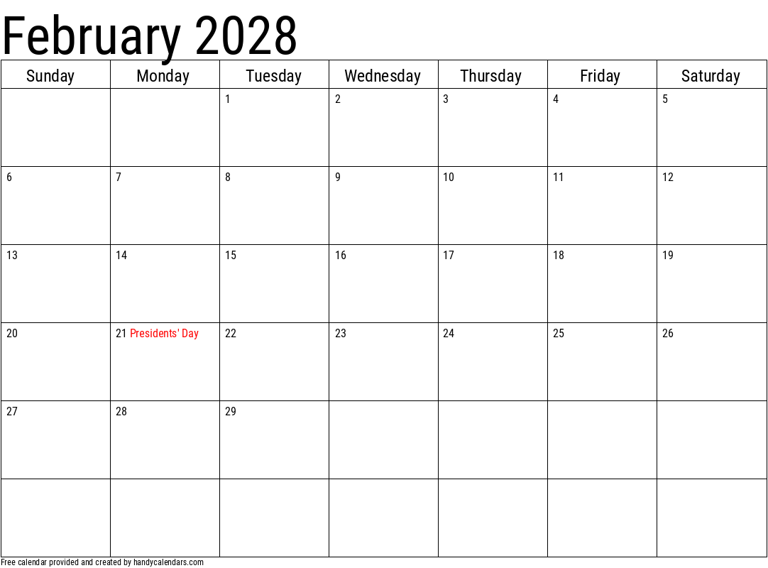 February 2028 Vertical Calendar With Holidays Handy Calendars