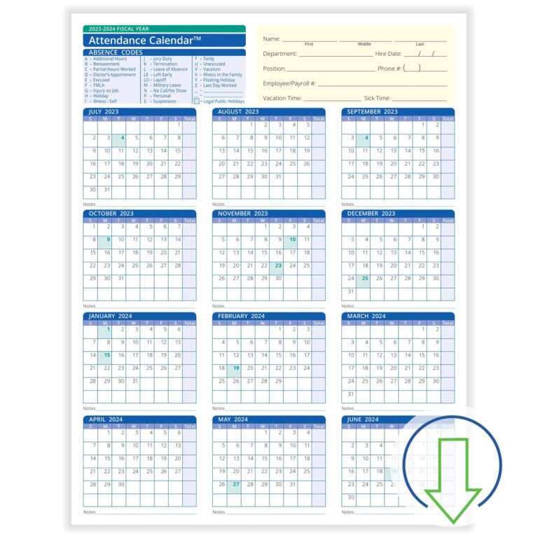 Free Printable 2024 Employee Attendance Calendar PDF Calendar 2024 