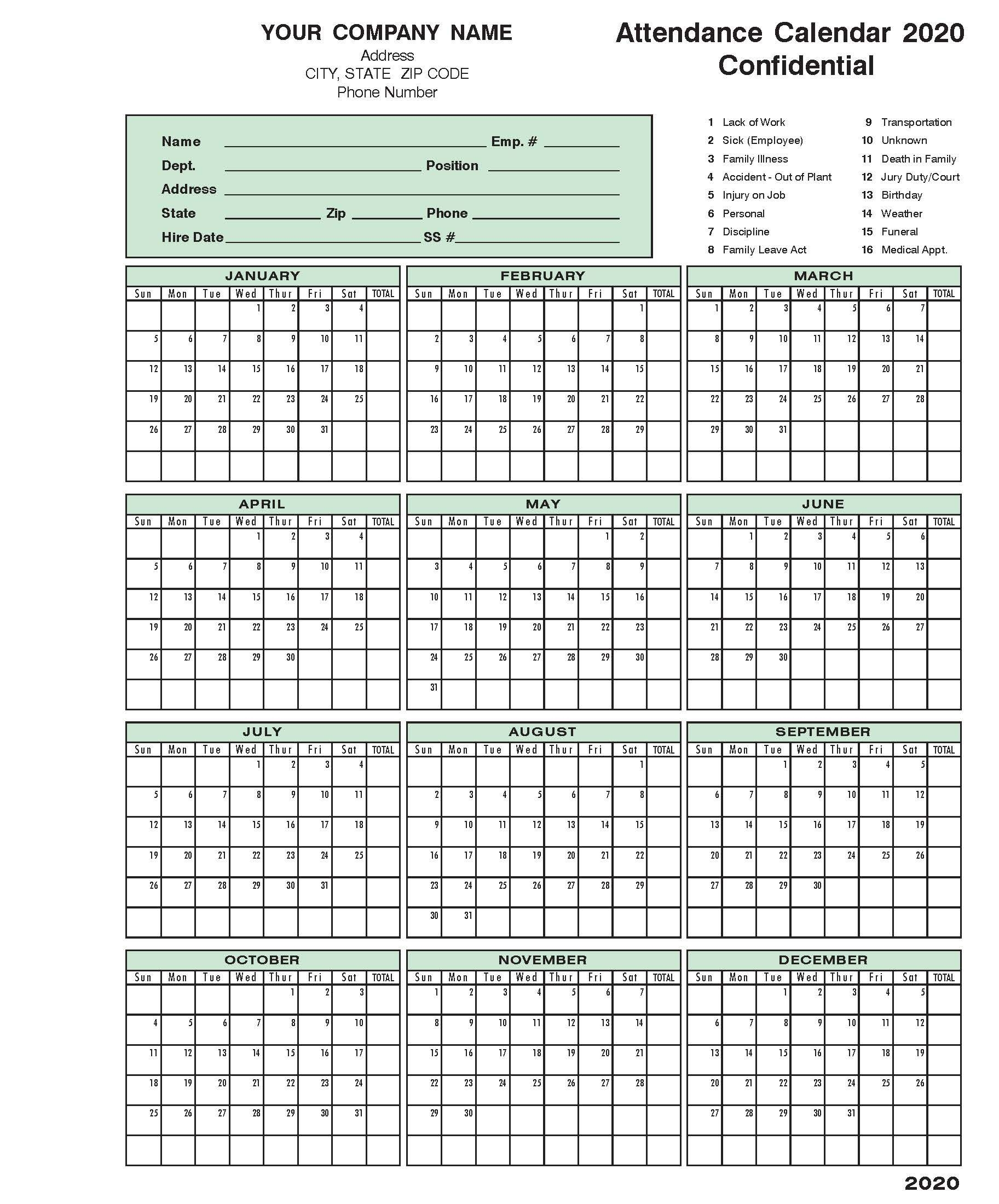 Free Printable 2024 Employee Attendance Calendar Pdf Free Download Word 