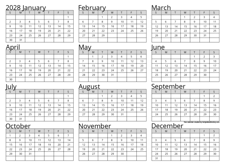 Full Year 2028 Calendar Template