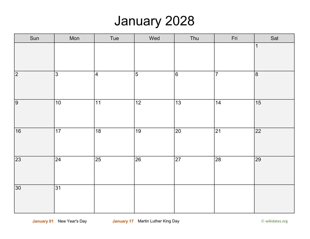 January 2028 Calendar With Weekend Shaded WikiDates