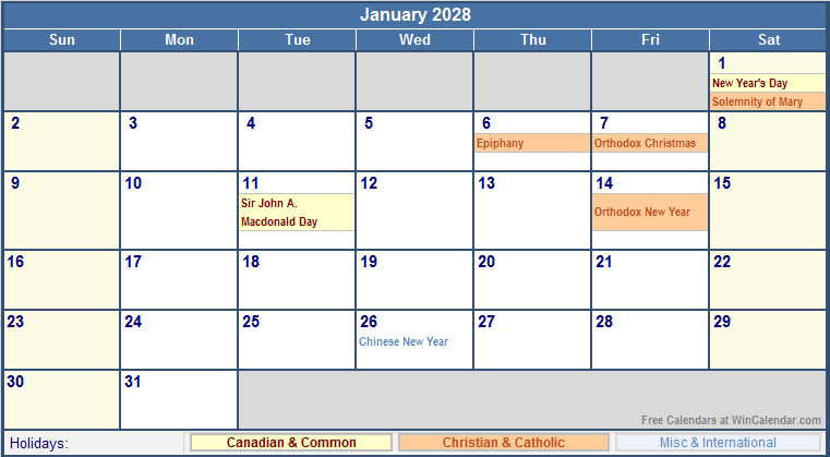January 2028 Canada Calendar With Holidays For Printing image Format 