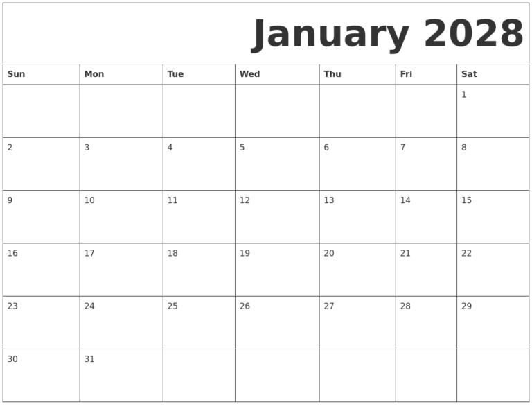 January 2028 Free Printable Calendar