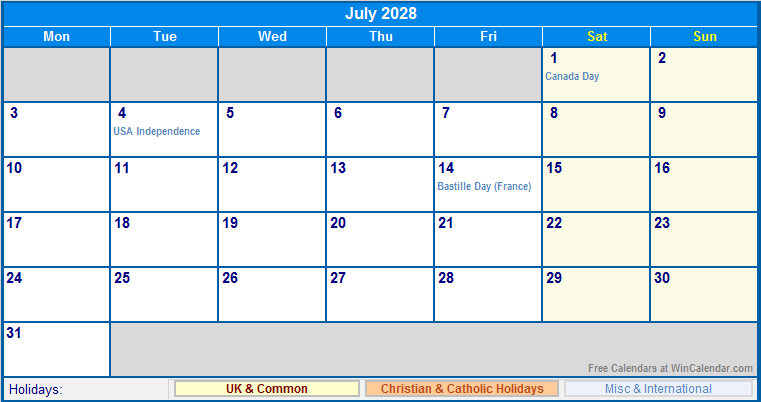 July 2028 UK Calendar With Holidays For Printing image Format 